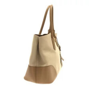 Prada Double Tote Bag Beige Brown Canvas Saffiano Cuir Leather